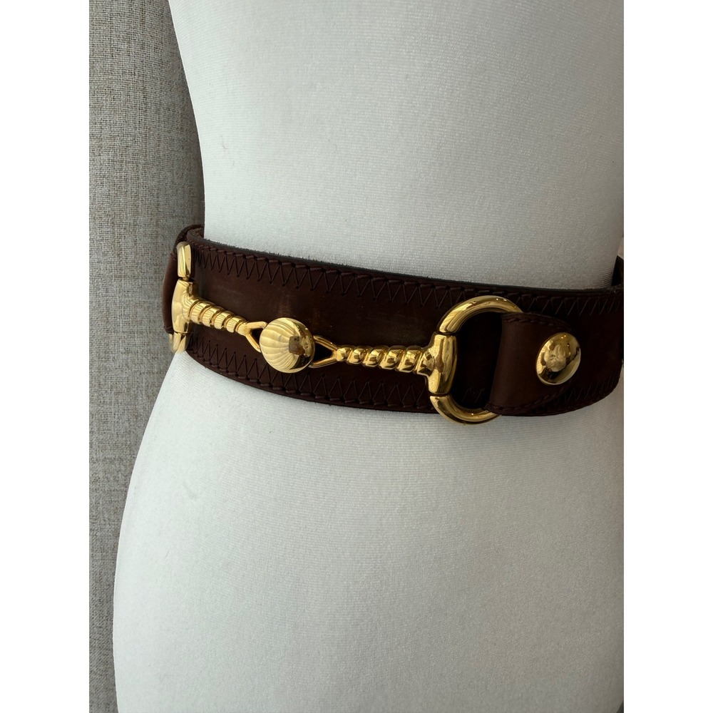 Vintage Doppia Vita Made in Italy Brown Leather Horse Bit Belt Gold Buckle 70/26